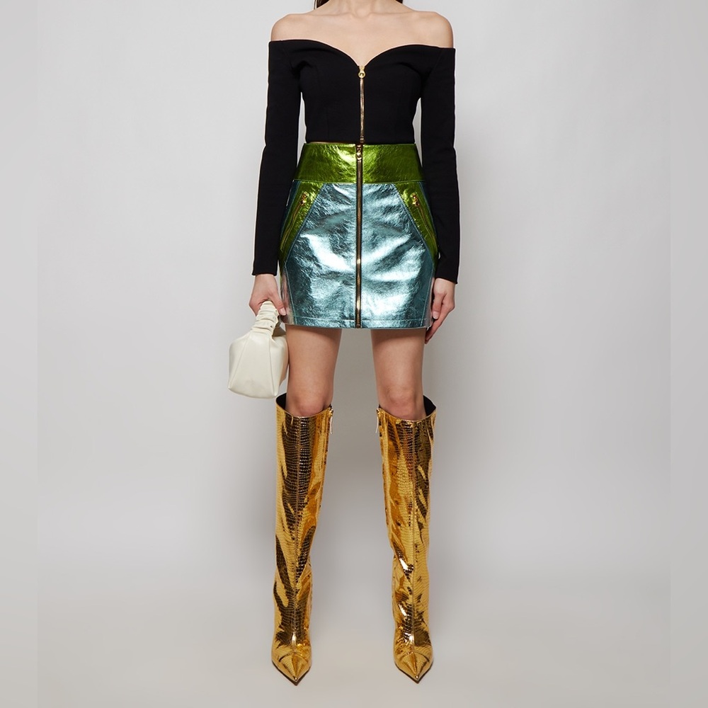 DUNDAS Authentic Metallic Lambskin Leather Zip Front Tanner Mini Skirt - IT 40